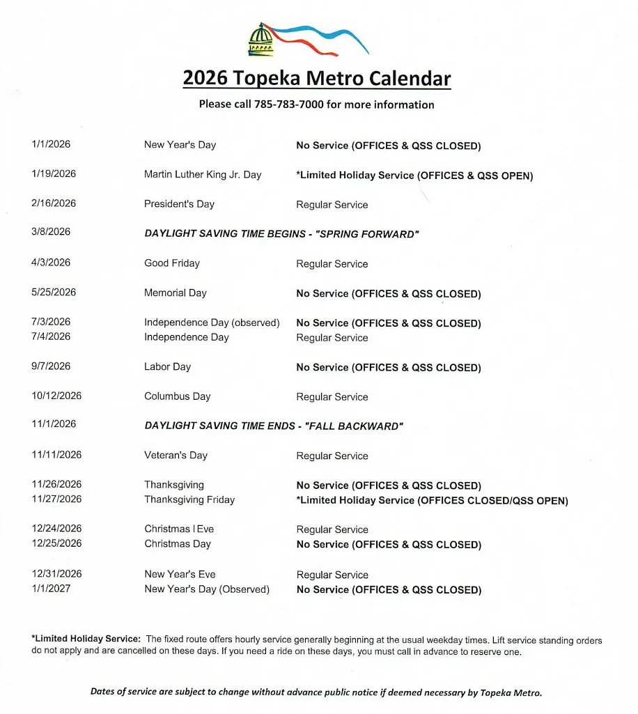 2026 Topeka Metro Calendar