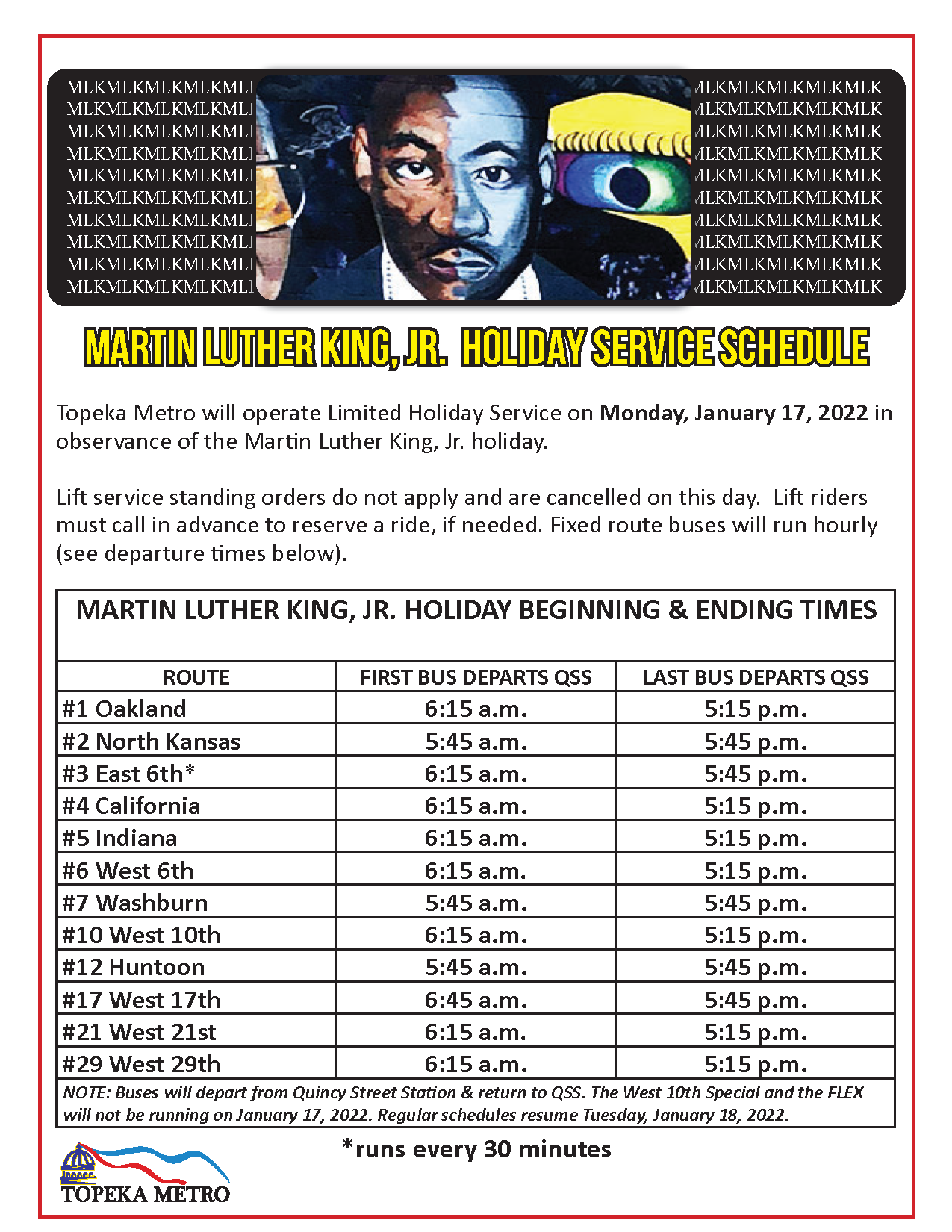 Metro Holiday Schedule 2022 Limited Holiday Service On Martin Luther King Jr. Day